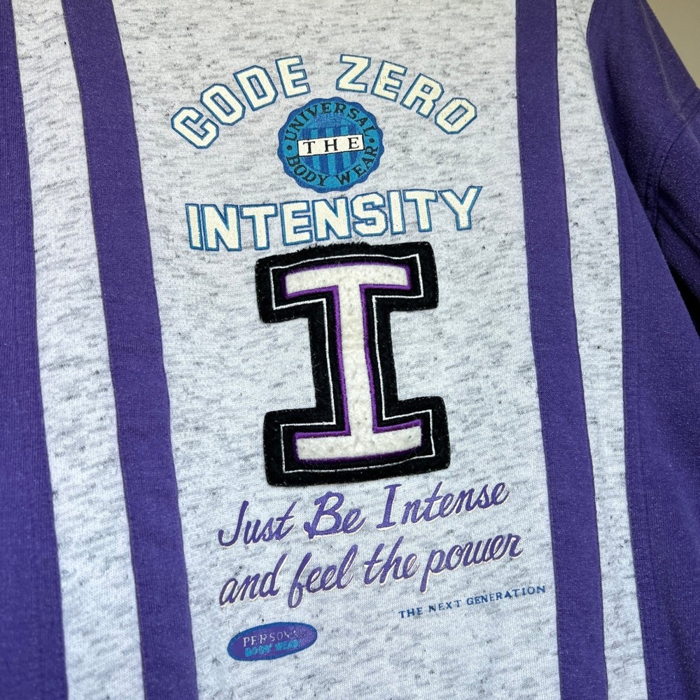 Vintage 90s Graphic Sweatshirt Purple Colorblock Funny Novelty Retro Workout Top